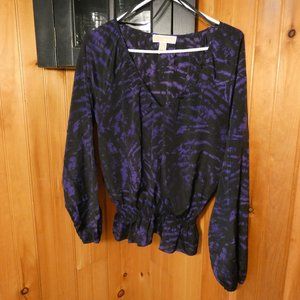 Michael Kors Long Sleeved Ruffle Blouse Purple and Black Size Large